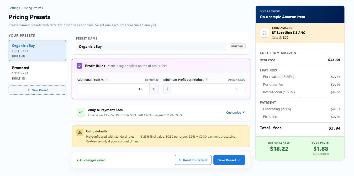 Pricing Presets screen: Organic eBay preset with profit rules, preconfigured eBay and payment fees, and a live profit preview netting every fee to a $18.22 list price and $1.88 profit on a sample Amazon item