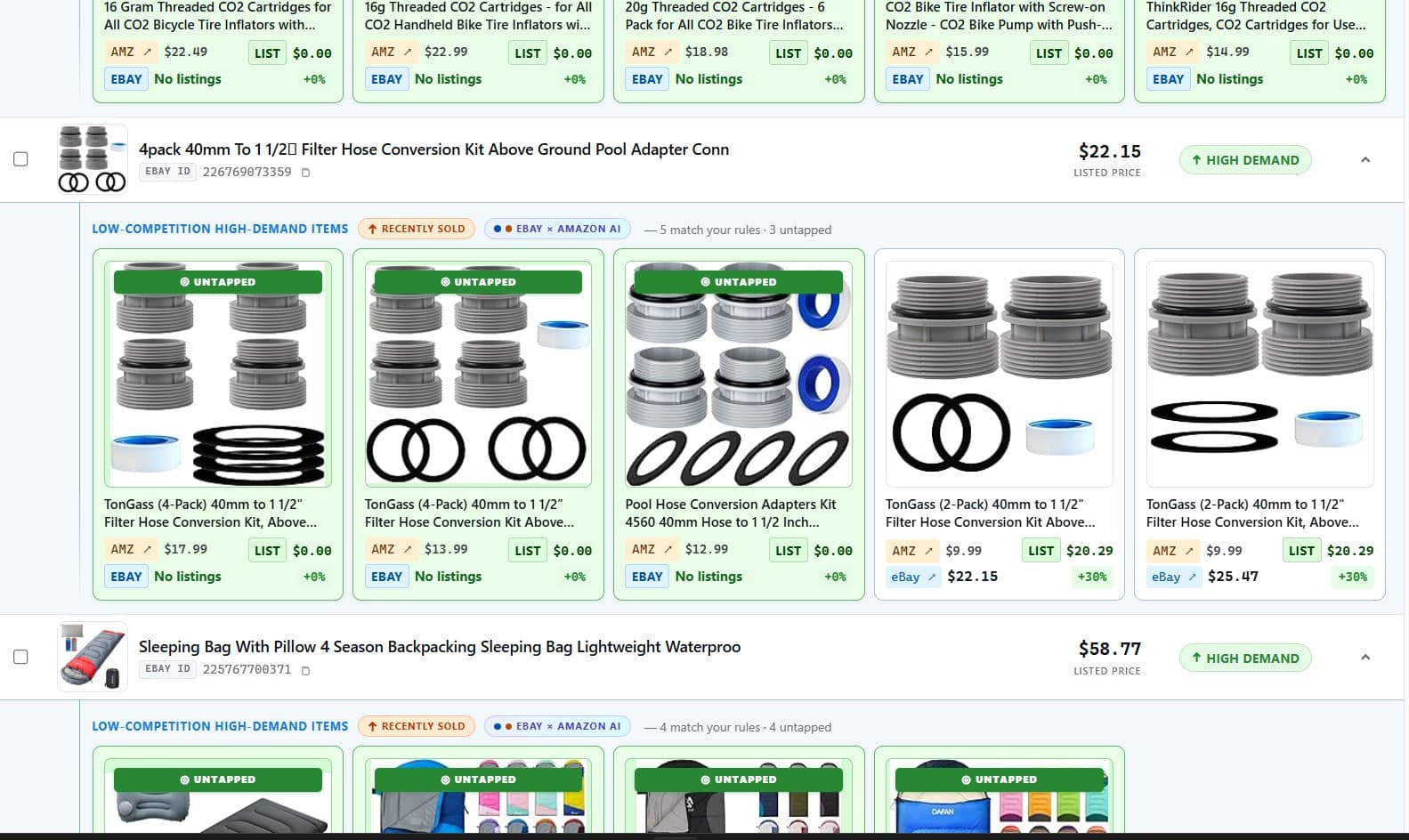 Product results showing untapped low-competition high-demand items matched between eBay and Amazon with margins