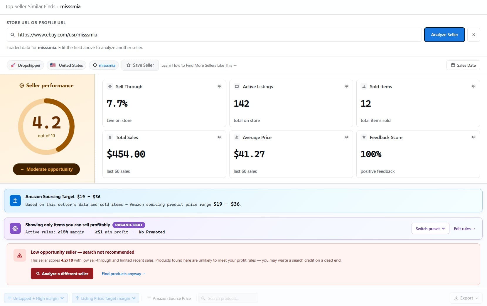 Seller scoring 4.2 out of 10 with a red warning that the seller is low opportunity and a search is not recommended